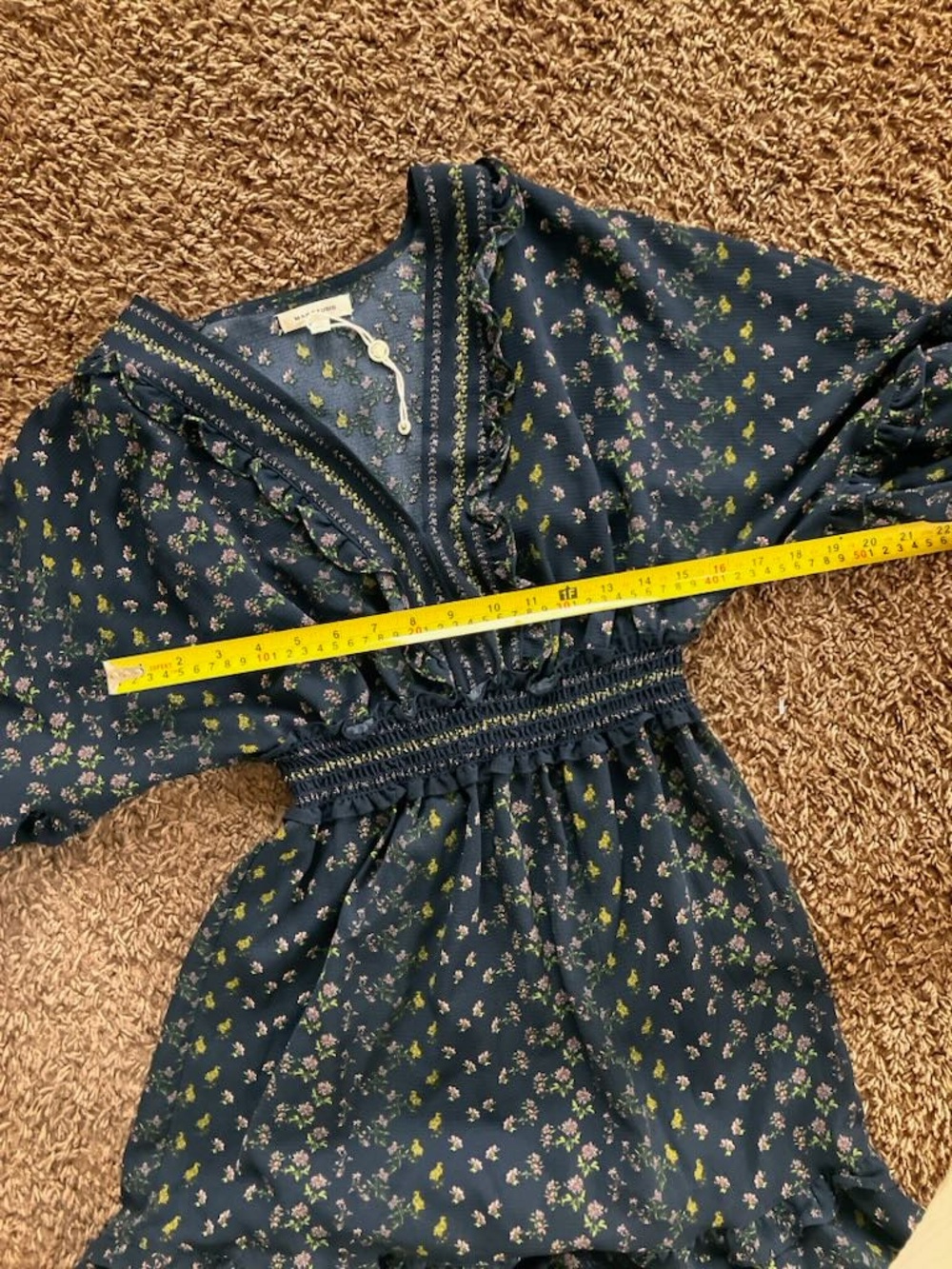 MAX STUDIO BLUE PUFF SLEEVE SMOCKED MIDI EMPIRE WAIST DRESS L $138 - Picture 8 of 9